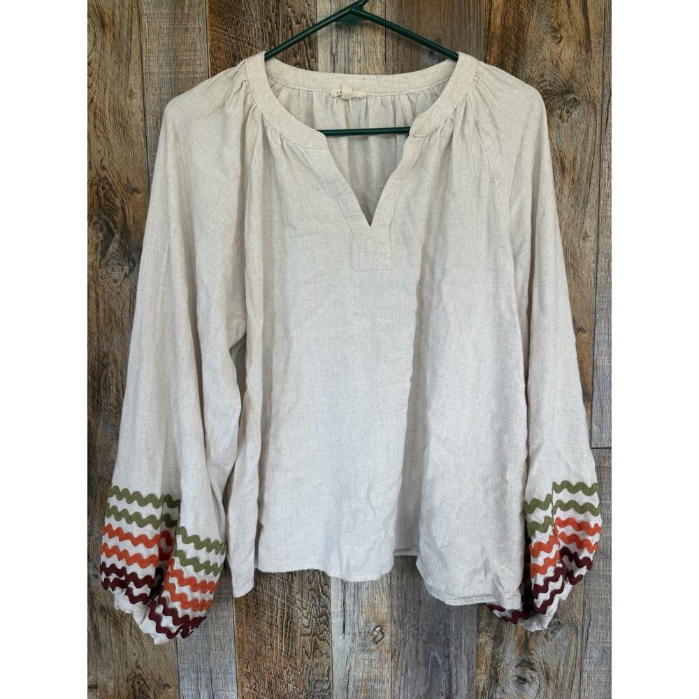 Jodifl Women Blouse Size L Boho Peasant Top Cream Linen Blend Embroidered Sleeve